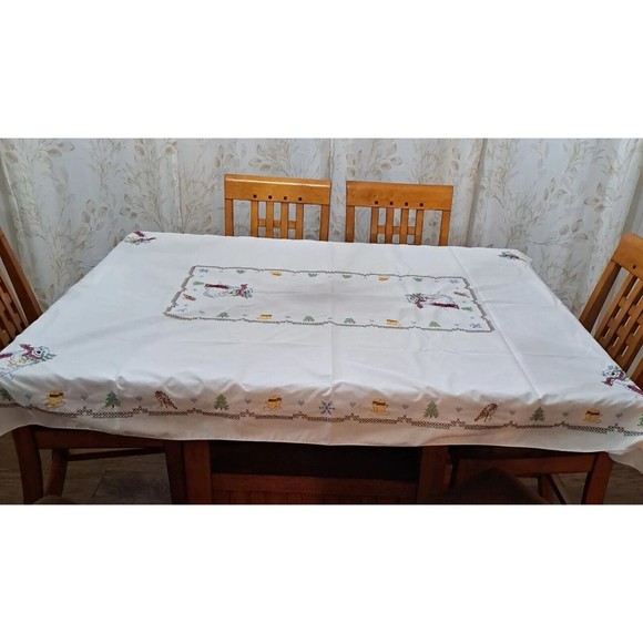 Embroiderd Cross Stitch Christmas Tablecloth Polar Bear Size 68"x52.5" H… - Picture 2 of 8